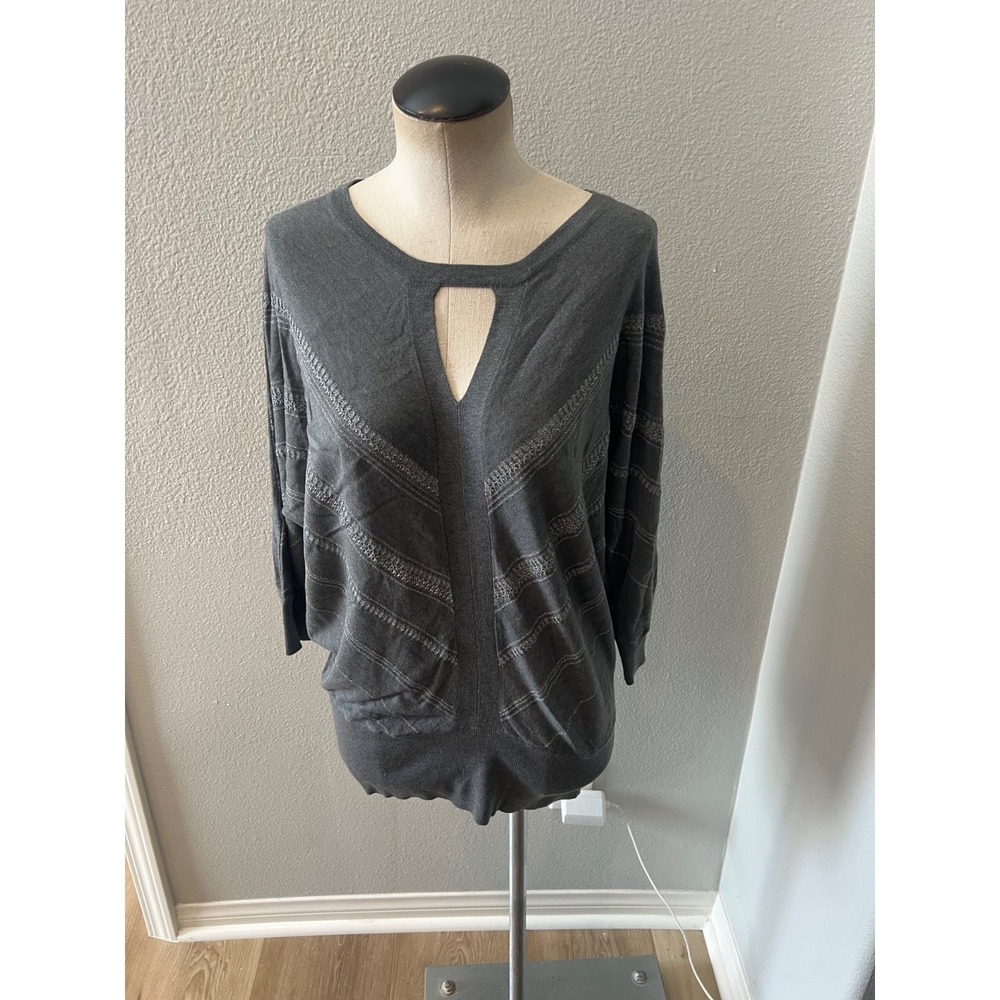 New York & Company Womens M Gray Keyhole Tunic Sweater Metallic Boho Dolman